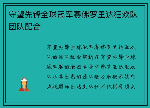 守望先锋全球冠军赛佛罗里达狂欢队团队配合