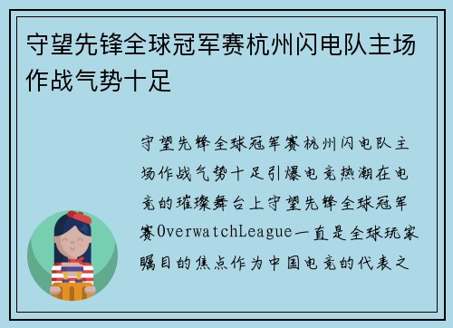 守望先锋全球冠军赛杭州闪电队主场作战气势十足